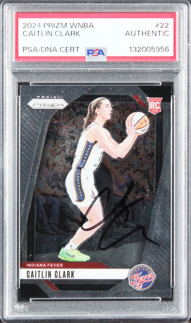 PSA authenticated Caitlin Clark 2024 Prizm WNB 22 rookie autograph card: PSA authenticated Caitlin Clark 2024 Prizm WNB 22 rookie autograph card Authentic signed 2024 Prizm WNB #22 rookie card personally signed by Caitlin Clark of the Indiana Fever. This original basketbal