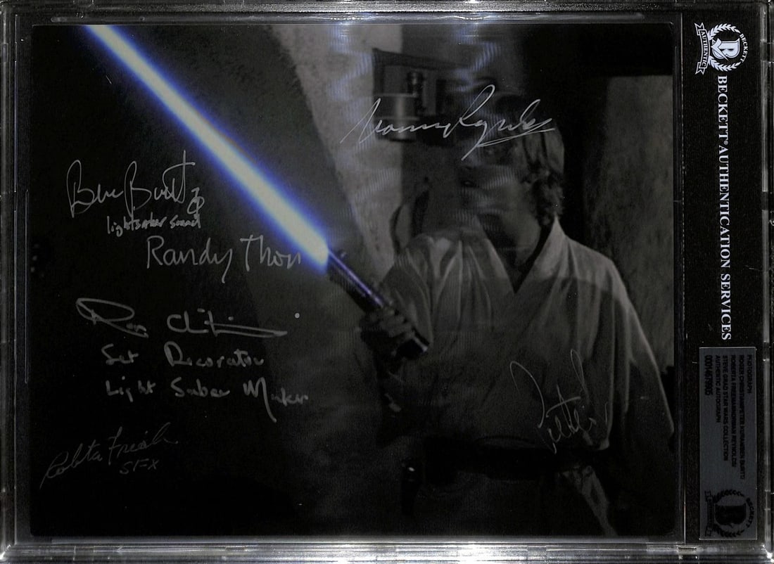 Beckett Certified Star Wars 8x10 Photo Multi Signed Lightsaber Creators: Beckett Certified Star Wars 8x10 Photo Multi Signed Lightsaber Creators This Star Wars 8x10 photo features multiple autographs from key behind-the-scenes crew members from the original trilogy, includ