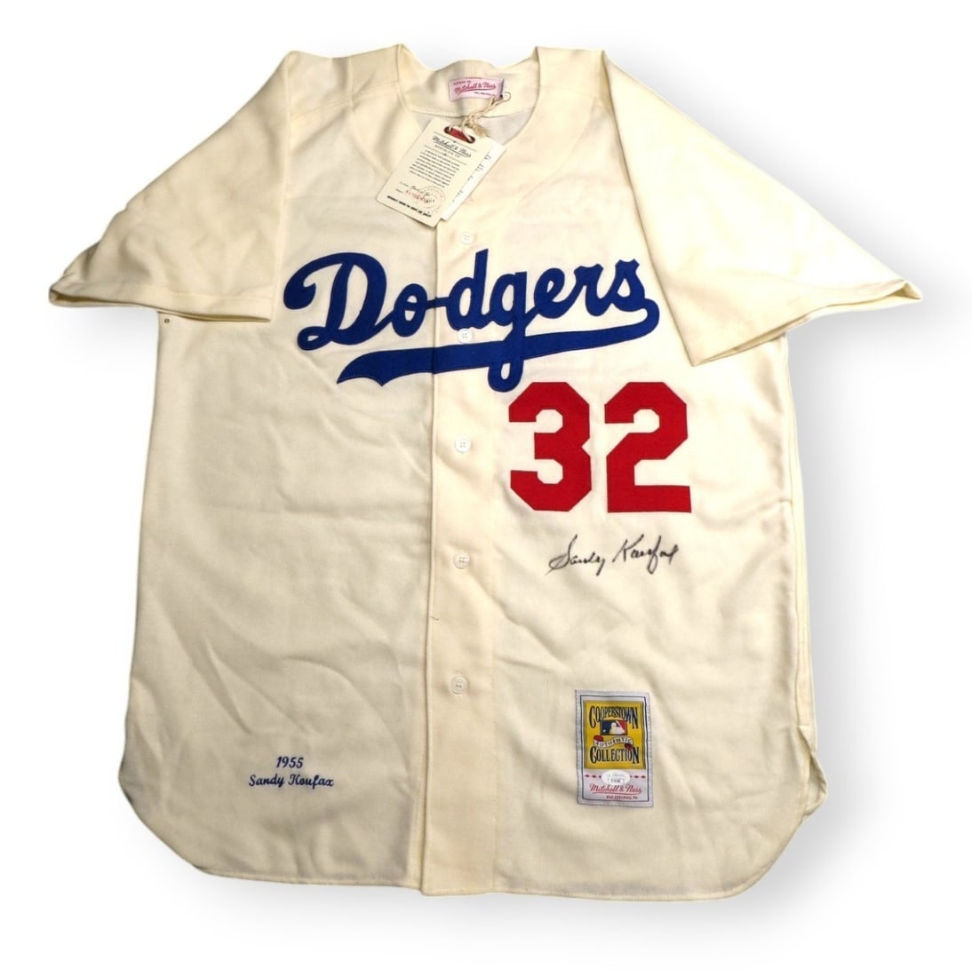 Sandy Koufax Autographed Cream Jersey Dodgers 1955 JSA Certified: Sandy Koufax Autographed Cream Jersey Dodgers 1955 JSA Certified This is an original signed jersey by Sandy Koufax, a legendary player for the Los Angeles Dodgers. The jersey is cream in color and is 