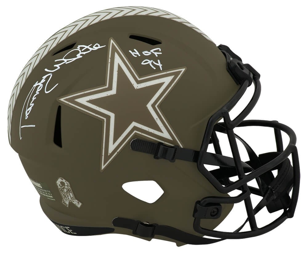 Randy White Signed Dallas Cowboys Salute Helmet HOF 94 with COA: Randy White Signed Dallas Cowboys Salute Helmet HOF 94 with COA Celebrate the legacy of Randy White with this signed Dallas Cowboys Salute to Service Riddell full-size speed replica helmet, featuring 