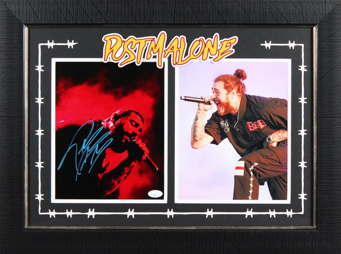 Framed 8x10 Photo Signed by Post Malone JSA Authenticated: Framed 8x10 Photo Signed by Post Malone JSA Authenticated This is an autographed 8x10 photo of Post Malone, professionally framed and authenticated by JSA. The item includes a Certificate of Authentic