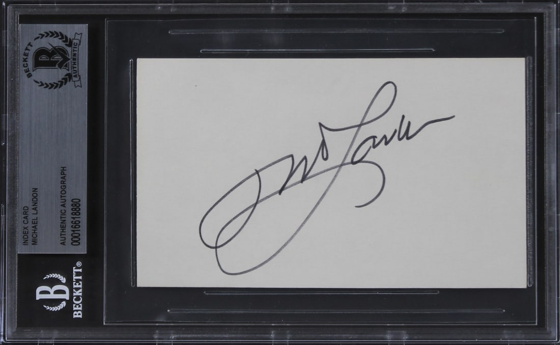 Beckett slabbed Michael Landon signed Bonanza 3x5 index card: Beckett slabbed Michael Landon signed Bonanza 3x5 index card This 3x5 index card has been personally signed by Michael Landon, known for his role in Bonanza. The autograph is authenticated and encapsu