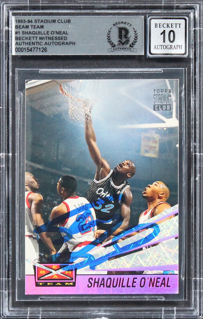 Shaquille O'Neal 1993 Stadium Club Beam Team #1 Auto Gem Mint 10 Beckett: Shaquille O'Neal 1993 Stadium Club Beam Team #1 Auto Gem Mint 10 Beckett This is a 1993 Stadium Club Beam Team #1 card featuring a Gem Mint 10 autograph from NBA star Shaquille O'Neal, who played for 