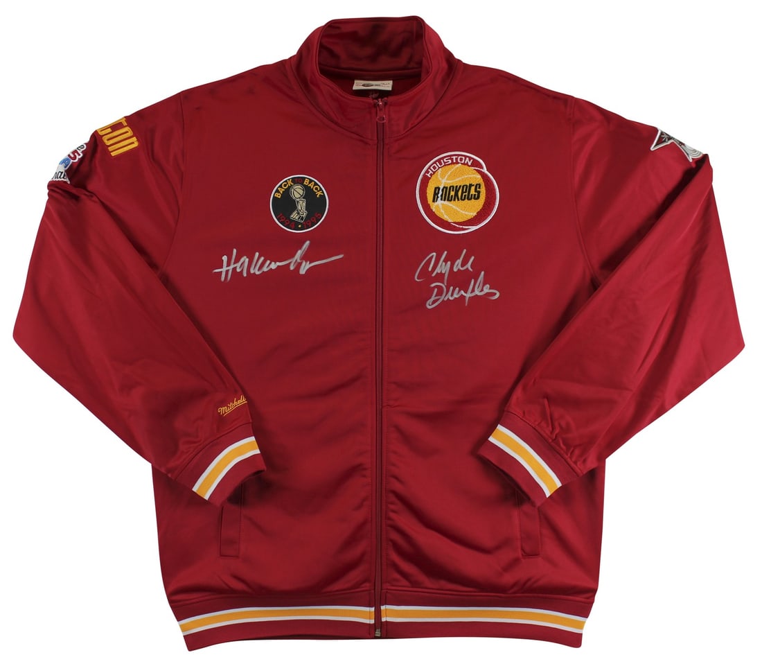 Red Mitchell and Ness Warmup Jacket Signed by Olajuwon Drexler Beckett (1 of 7)
