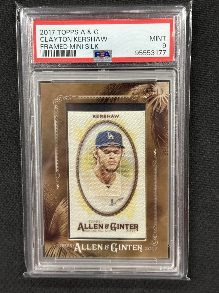 Clayton Kershaw 2017 Topps Allen & Ginter Mini Framed Silk PSA 9 Dodgers: Clayton Kershaw 2017 Topps Allen & Ginter Mini Framed Silk PSA 9 Dodgers This is a 2017 Topps Allen & Ginter Mini Framed Silk Baseball Card featuring Clayton Kershaw of the Los Angeles Dodgers. The ca