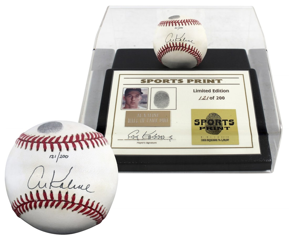 Al Kaline autographed thumbprint baseball with case Beckett LE 200: Al Kaline autographed thumbprint baseball with case Beckett LE 200 Limited edition thumbprint OAL baseball personally signed by Al Kaline of the Detroit Tigers, presented with a display case. This is 