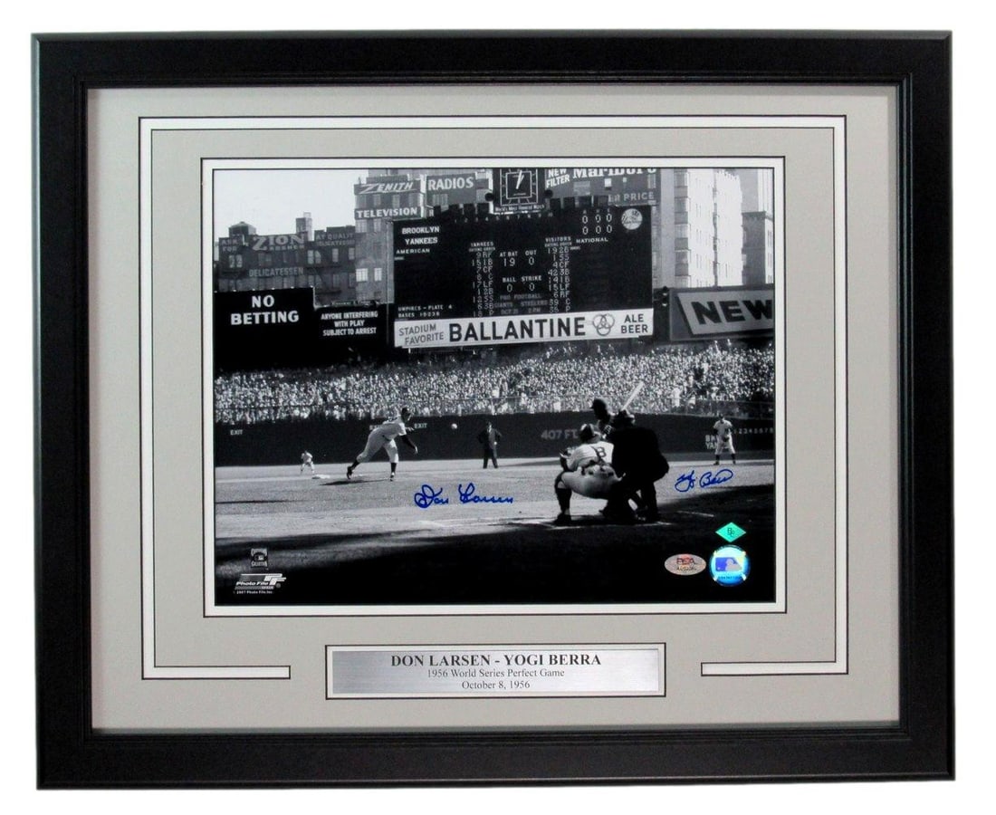 Framed 11x14 Photo Signed by Don Larsen and Yogi Berra PSA/DNA Authenticated: Framed 11x14 Photo Signed by Don Larsen and Yogi Berra PSA/DNA Authenticated This is an original 11x14 photograph featuring Don Larsen and Yogi Berra, dual-signed to commemorate Larsen's perfect game 