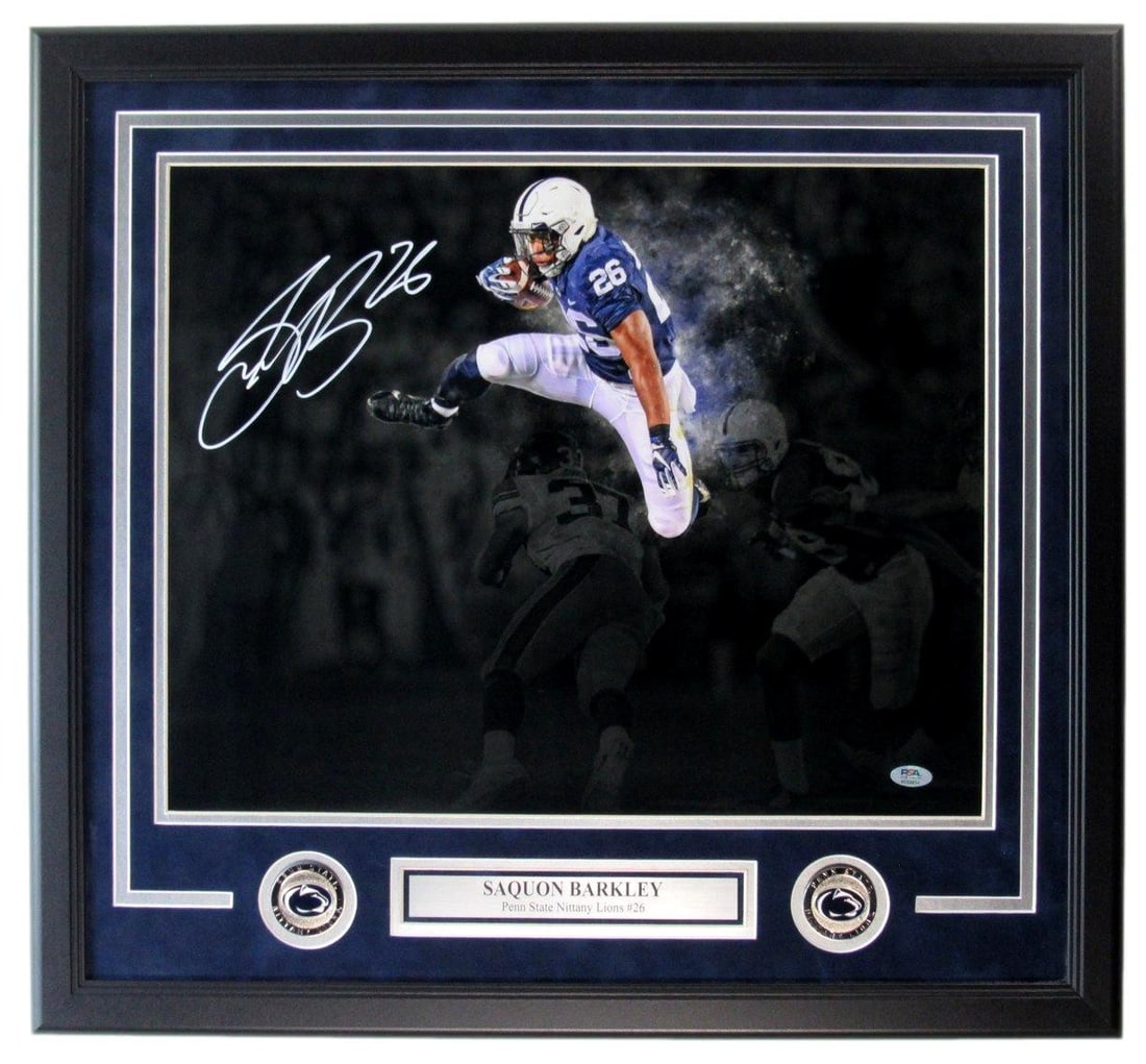 Framed 16x20 Photo Signed by Saquon Barkley with PSA DNA Authentication: Framed 16x20 Photo Signed by Saquon Barkley with PSA DNA Authentication This offering features a signed and framed 16x20 photo of Saquon Barkley, a standout player for the Penn State Nittany Lions. Th