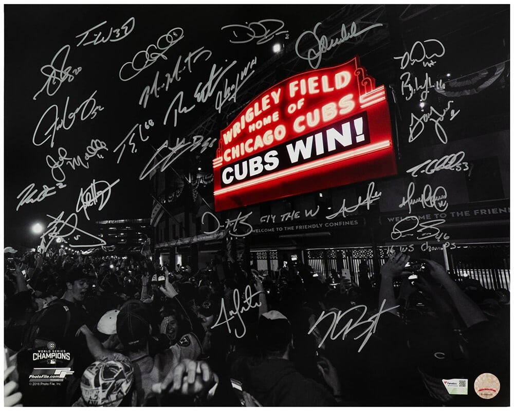 2016 Chicago Cubs Team Signed 16x20 World Series Photo 25 Signatures COA: 2016 Chicago Cubs Team Signed 16x20 World Series Photo 25 Signatures COA Celebrate the historic victory of the Chicago Cubs with this exclusive 16x20 photo capturing the 'Cubs Win' marquee at Wrigley 
