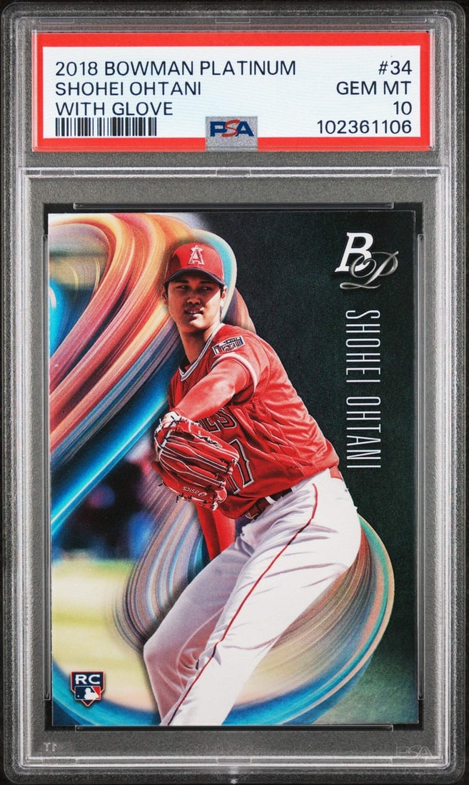 2018 Bowman Platinum Shohei Ohtani RC Baseball Card PSA 10: 2018 Bowman Platinum Shohei Ohtani RC Baseball Card PSA 10 This is a graded 2018 Bowman Platinum Shohei Ohtani #34 With Glove rookie card, rated PSA 10 by Professional Sports Authenticator (PSA). The 