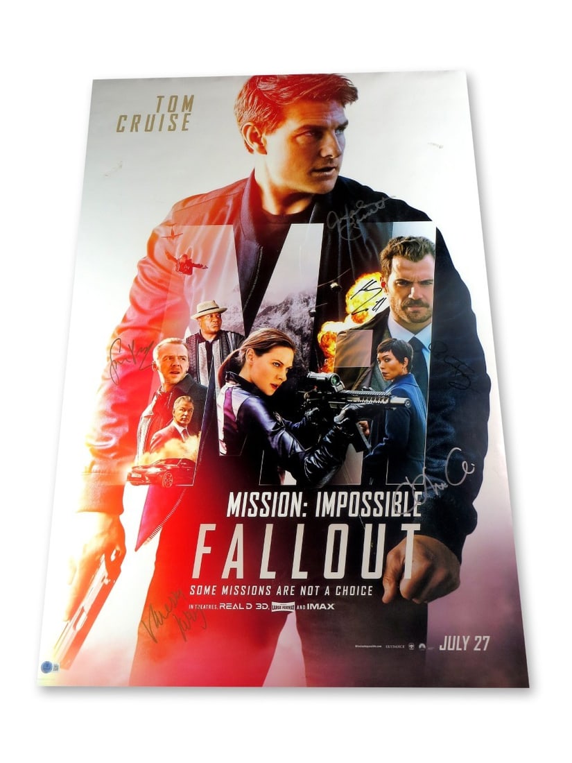 Mission Impossible Fallout Autographed Poster 27x40 BAS Henry Cavill Simon Pegg +4: Mission Impossible Fallout Autographed Poster 27x40 BAS Henry Cavill Simon Pegg +4 This is an original autographed poster for "Mission Impossible: Fallout," measuring 27" x 40". It features signatures