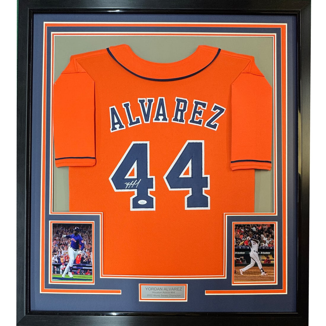 Framed Yordan Alvarez Autographed Houston Astros Jersey with JSA COA: Framed Yordan Alvarez Autographed Houston Astros Jersey with JSA COA Showcase your admiration for Yordan Alvarez with this professionally framed and autographed Houston Astros jersey. Measuring 35x39 