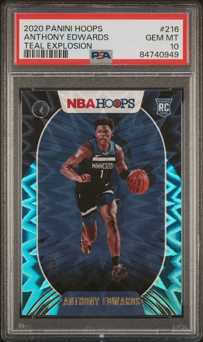 2020 Panini Anthony Edwards #216 Teal Explosion PSA 10 Basketball Card: 2020 Panini Anthony Edwards #216 Teal Explosion PSA 10 Basketball Card This is a graded 2020 Panini Anthony Edwards #216 Teal Explosion Basketball Card, expertly encapsulated and graded by Professiona