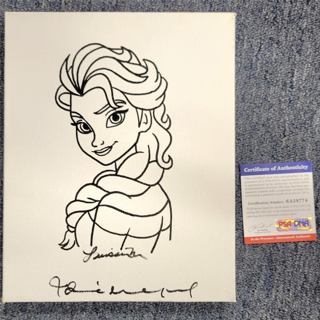 Idina Menzel Signed Frozen Elsa 8x10 Canvas Sketch Beckett Authenticated: Idina Menzel Signed Frozen Elsa 8x10 Canvas Sketch Beckett Authenticated This is an original 8x10 photograph featuring a sketch of Elsa from the movie Frozen, hand-signed by Idina Menzel. The item is 