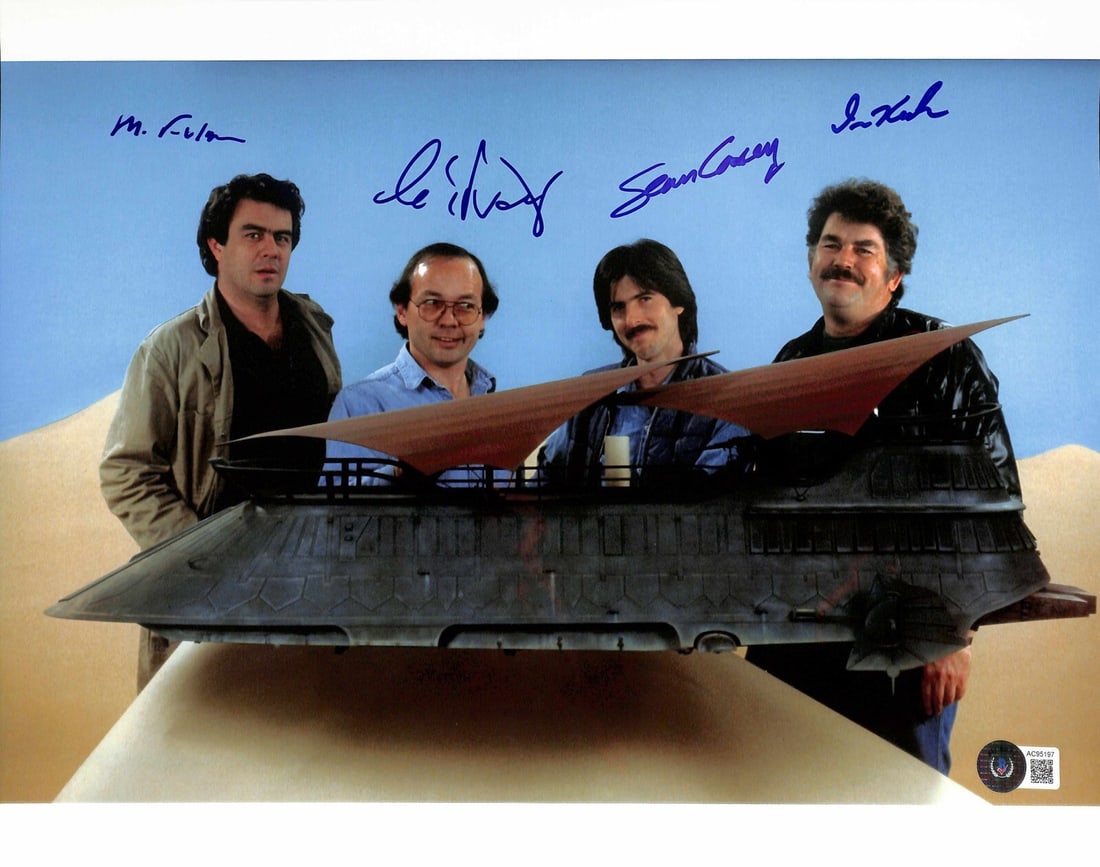 11x14 Photo Signed by 4 ILM Jabba's Sail Barge Builders Beckett 10 Autograph: 11x14 Photo Signed by 4 ILM Jabba's Sail Barge Builders Beckett 10 Autograph This is an original 11x14 photograph from Star Wars: Return of the Jedi, autographed by four Industrial Light & Magic (ILM)
