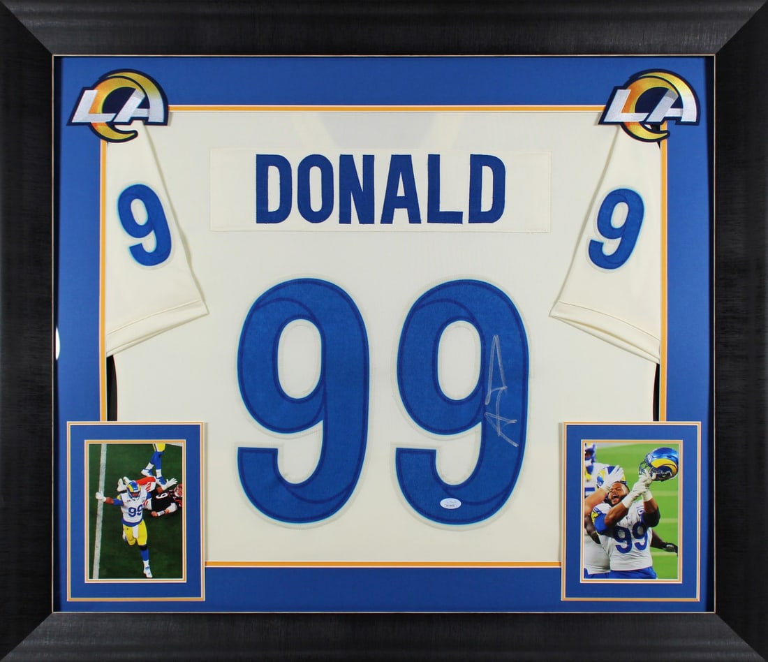 Framed Aaron Donald Signed Bone White Jersey JSA Witness Rams: Framed Aaron Donald Signed Bone White Jersey JSA Witness Rams Autographed bone white pro style framed jersey personally signed by Aaron Donald of the Los Angeles Rams. It is an original item with JSA 