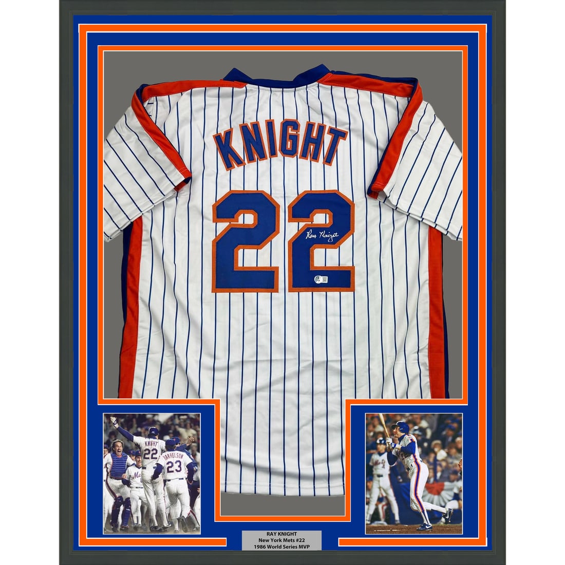 Framed Ray Knight Signed New York Mets Pinstripe Jersey with BAS COA: Framed Ray Knight Signed New York Mets Pinstripe Jersey with BAS COA Celebrate the legacy of Ray Knight with this professionally framed and autographed New York Mets pinstripe jersey. Measuring 35x39 