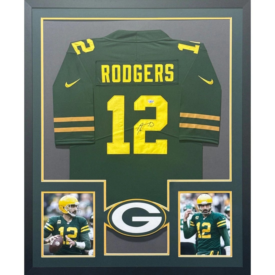 Framed Aaron Rodgers Autographed Green Bay Packers Jersey Fanatics Authenticated: Framed Aaron Rodgers Autographed Green Bay Packers Jersey Fanatics Authenticated This framed Green Bay Packers jersey is autographed by Aaron Rodgers and authenticated by Fanatics. The display feature
