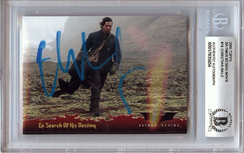 Beckett authenticated Christian Bale Batman Begins Topps autograph card: Beckett authenticated Christian Bale Batman Begins Topps autograph card This is an original 2005 Topps Batman Begins trading card autographed by Christian Bale. The card has been authenticated by Beck