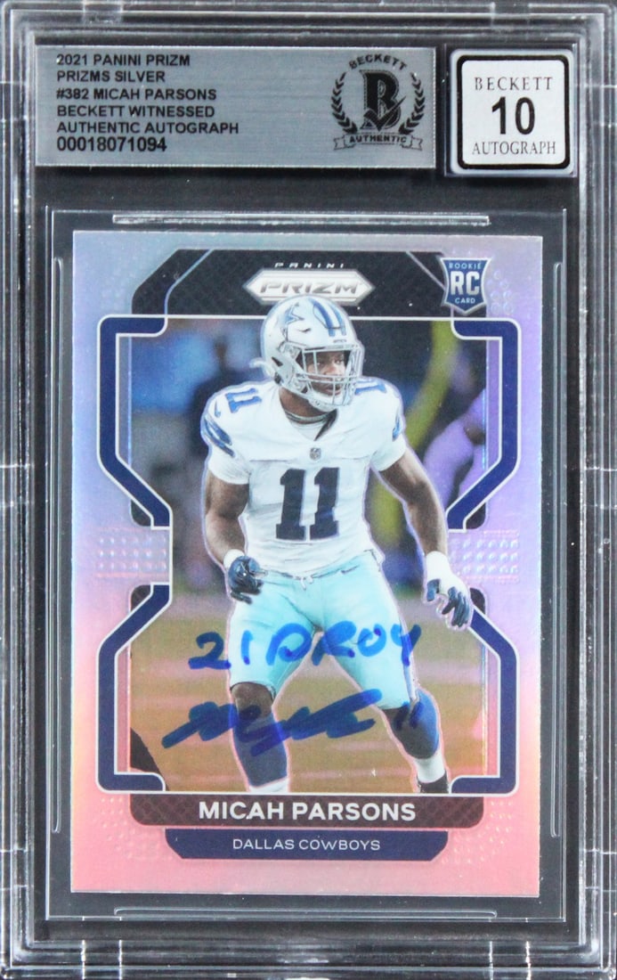 Micah Parsons Signed 2021 Panini Prizm Silver RC Card Gem Mint 10 BAS: Micah Parsons Signed 2021 Panini Prizm Silver RC Card Gem Mint 10 BAS This exceptional 2021 Panini Prizm Silver #382 Rookie Card has been personally signed by Micah Parsons of the Dallas Cowboys. Grad
