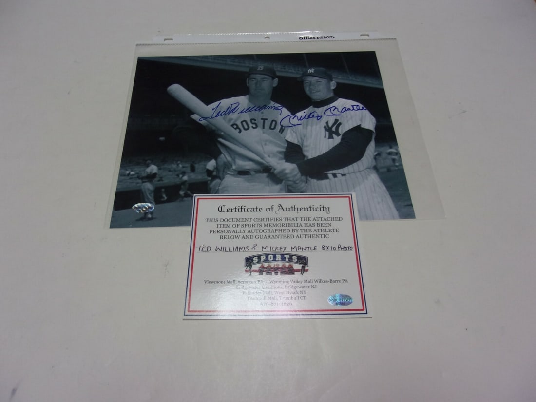Signed 8x10 Baseball Photo Mantle Williams With COA Yankees Red Sox HOF: Signed 8x10 Baseball Photo Mantle Williams With COA Yankees Red Sox HOF This is an original 8x10 photo signed by Mickey Mantle and Ted Williams, two legendary Hall of Fame baseball players. The signed