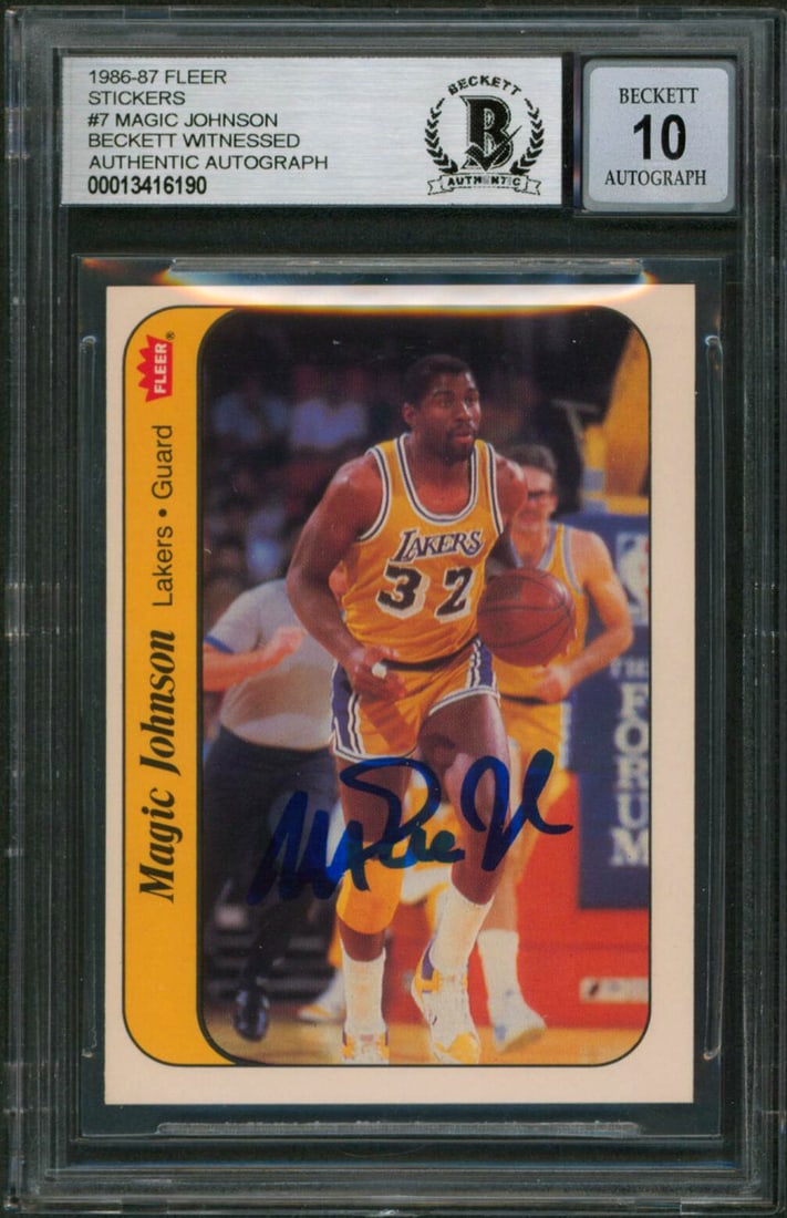 Magic Johnson Autographed 1986 Fleer Sticker #7 Card Beckett 10 Auto Slabbed (1 of 2)