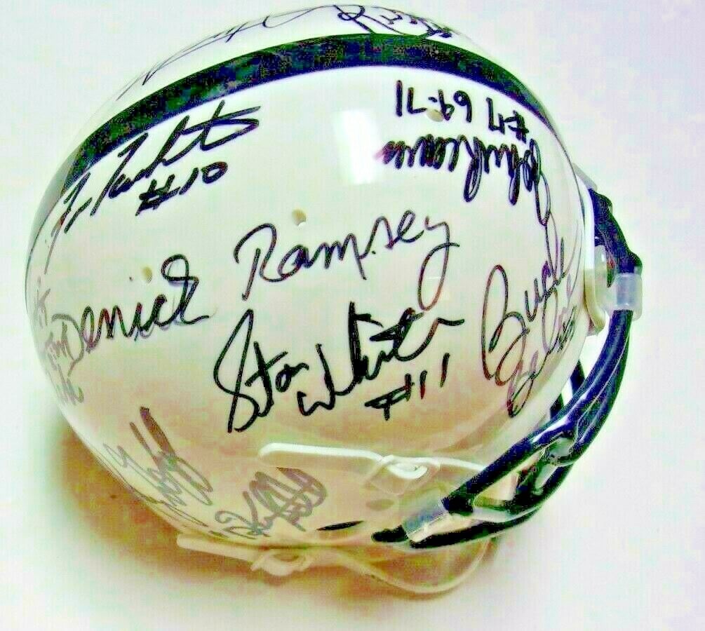 Signed Football Mini Helmet Tarkenton Spurrier Belue Hologram: Signed Football Mini Helmet Tarkenton Spurrier Belue Hologram This is a mini football helmet featuring hologram-authenticated signatures from Fran Tarkenton, Steve Spurrier, Buck Belue, and thirteen a