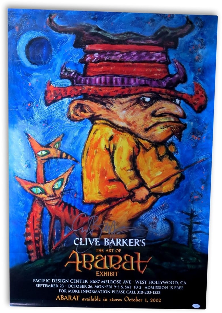 Clive Barker JSA Signed 27X40 Art of Abarat Poster: Clive Barker JSA Signed 27X40 Art of Abarat Poster This is an original 27x40 poster for "The Art of Abarat," personally signed by Clive Barker. The autograph has been authenticated by James Spence Aut