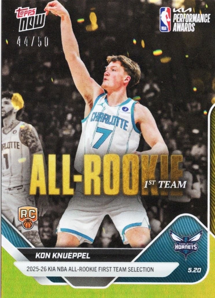 Topps Now AR02 Kon Knueppel Gold Foil Rookie Card /50: Topps Now AR02 Kon Knueppel Gold Foil Rookie Card /50 2025 Topps Now Kon Knueppel #AR02 Gold Foil rookie basketball card featuring the Charlotte Hornets player. This sports trading card is a Gold Foil