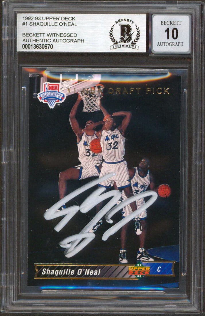Shaquille O'Neal Rookie Card 1992 Upper Deck Signed BAS Gem Mint 10 Slabbed: Shaquille O'Neal Rookie Card 1992 Upper Deck Signed BAS Gem Mint 10 Slabbed This 1992 Upper Deck #1 rookie card features Shaquille O'Neal of the Orlando Magic and has been personally signed by him. Th