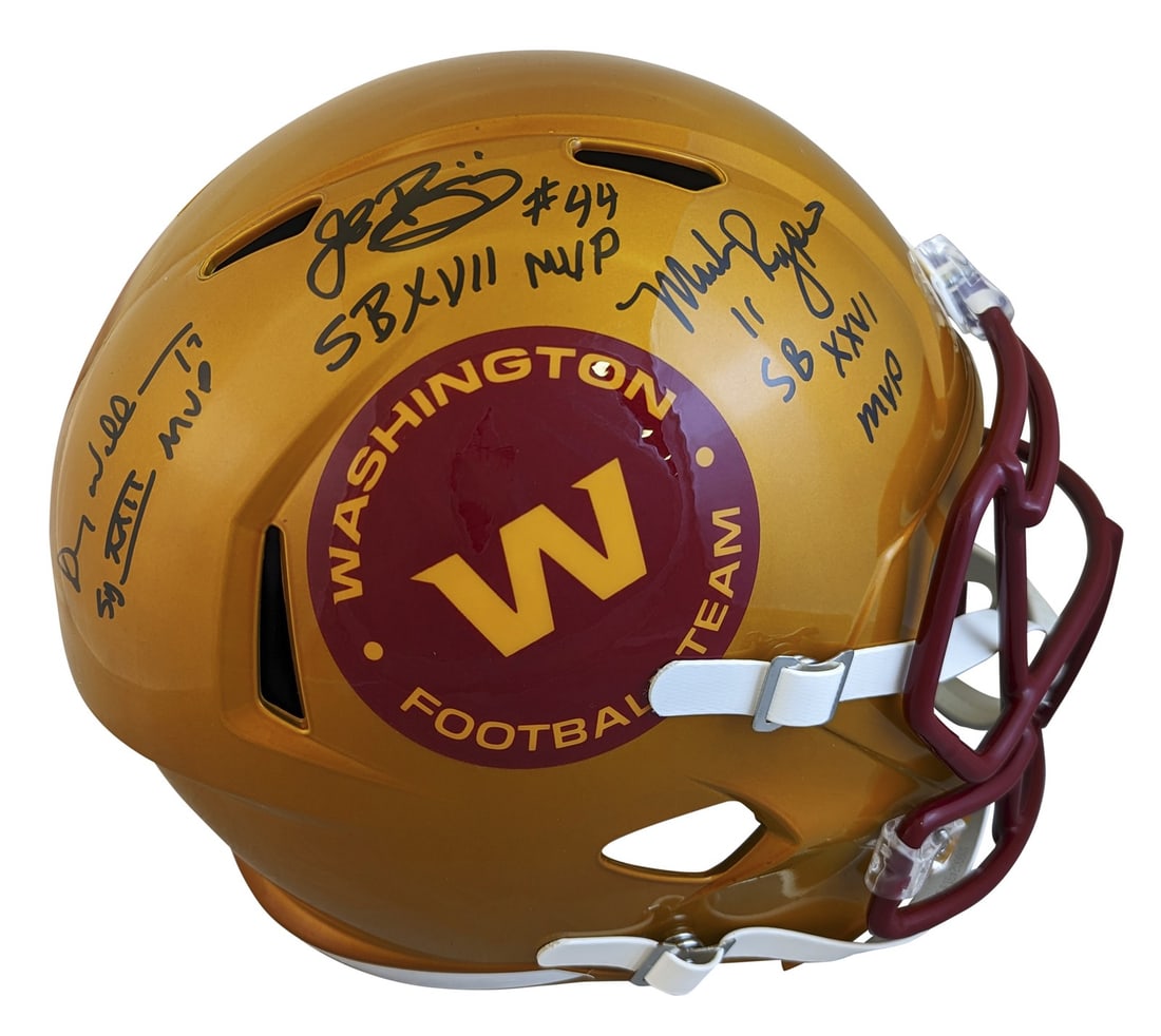 Beckett Witnessed Washington Football Team Flash Helmet Signed by Williams Rypien Riggins: Beckett Witnessed Washington Football Team Flash Helmet Signed by Williams Rypien Riggins This Washington Football Team alternate flash Riddell full-size Speed replica helmet features the signatures o