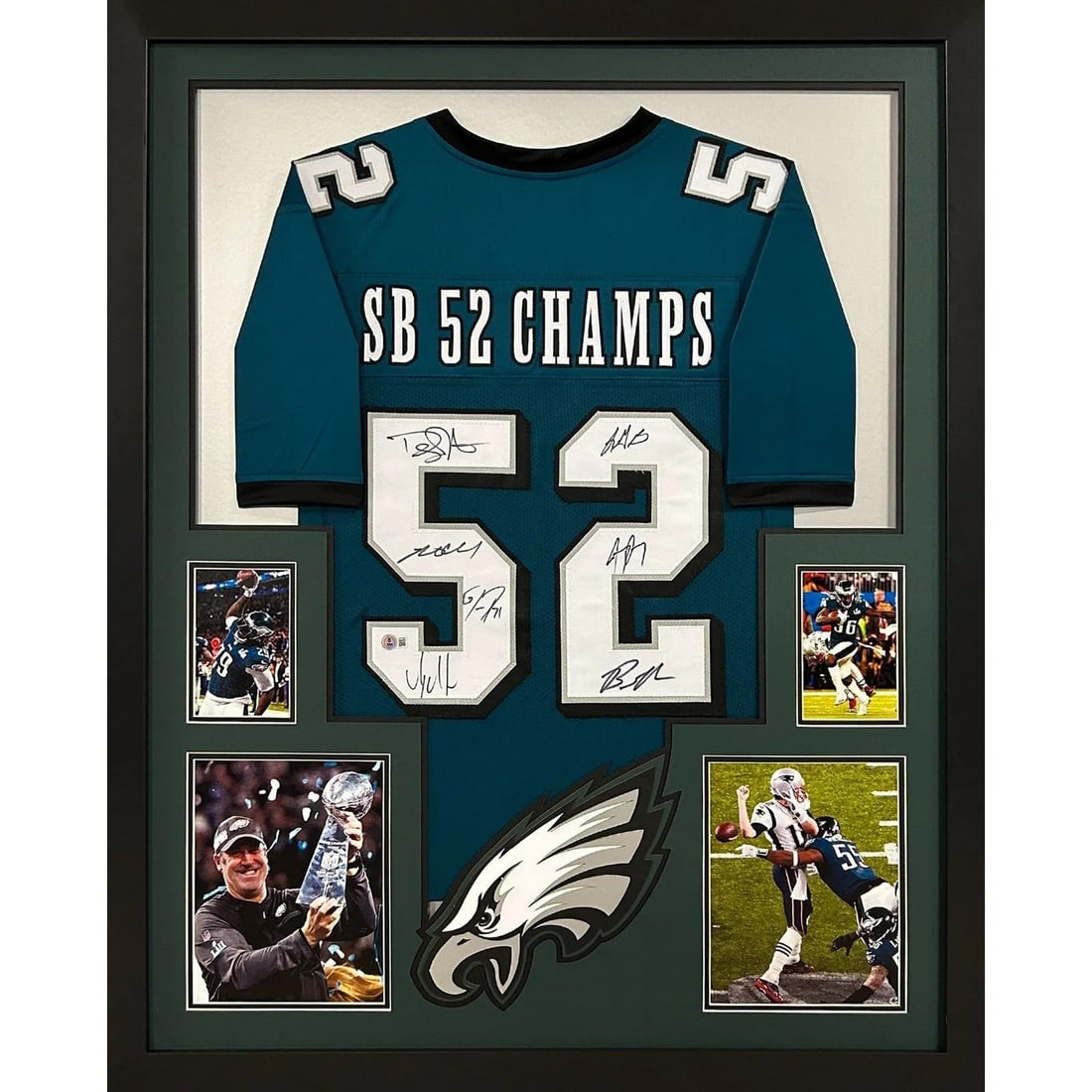Philadelphia Eagles Super Bowl 52 Signed Jersey Framed Beckett Authenticated: Philadelphia Eagles Super Bowl 52 Signed Jersey Framed Beckett Authenticated This framed jersey showcases the Philadelphia Eagles' Super Bowl 52 victory, autographed by 7 team members, making it a tre