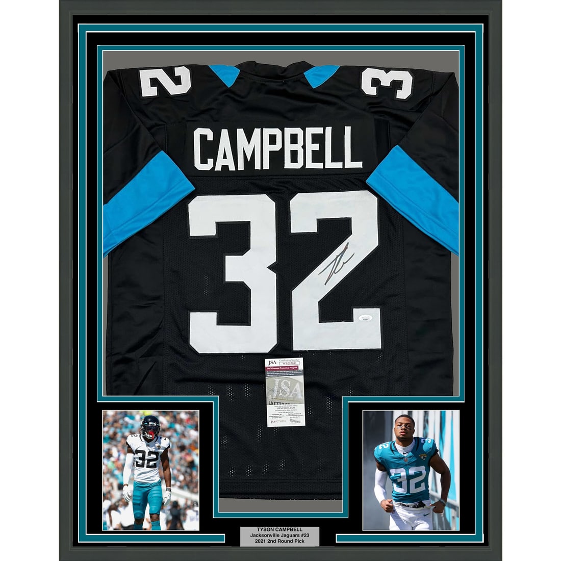 Framed Tyson Campbell Signed Jersey Jacksonville Jaguars JSA COA 35x39: Framed Tyson Campbell Signed Jersey Jacksonville Jaguars JSA COA 35x39 Celebrate your love for the Jacksonville Jaguars with this professionally framed and autographed jersey of Tyson Campbell. Measur