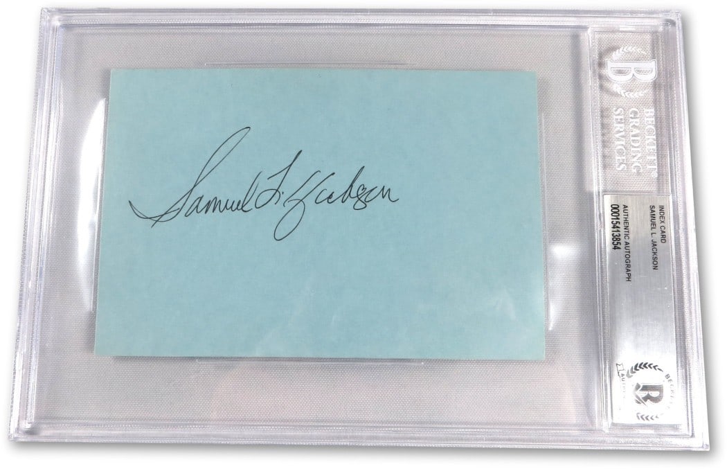 JSA Authenticated Samuel L. Jackson Signed 4X6 Index Card: JSA Authenticated Samuel L. Jackson Signed 4X6 Index Card This 4x6 index card features the authentic signature of Samuel L. Jackson. The autograph is verified by James Spence Authentication (JSA), ens