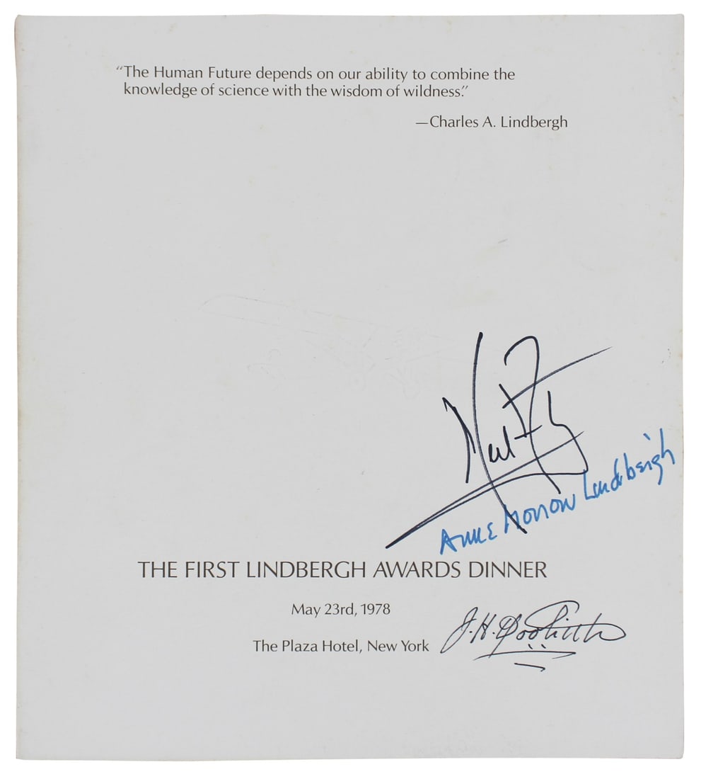 Neil Armstrong James Doolittle Anne Morrow Lindbergh Signed Program Beckett COA: Neil Armstrong James Doolittle Anne Morrow Lindbergh Signed Program Beckett COA This remarkable piece features a signed program from the First Lindbergh Awards Dinner held in May 1978, personally auto