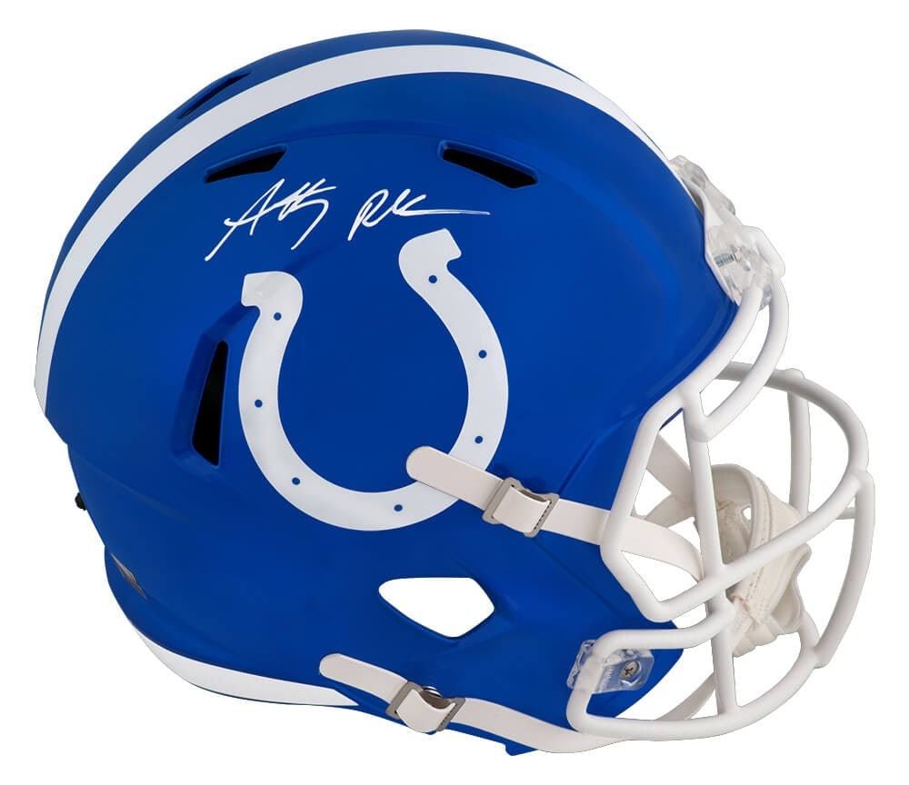 Anthony Richardson Signed Colts FLASH Riddell Full Size Helmet with COA: Anthony Richardson Signed Colts FLASH Riddell Full Size Helmet with COA This is a signed full-size replica helmet of Anthony Richardson, showcasing the Indianapolis Colts' iconic FLASH design. The hel