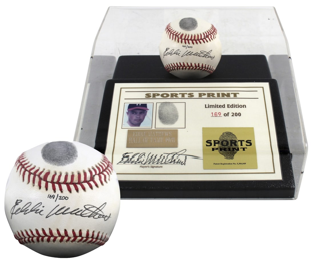 Eddie Mathews Signed Limited Edition Thumbprint Baseball With Display Case and Beckett COA: Eddie Mathews Signed Limited Edition Thumbprint Baseball With Display Case and Beckett COA This limited edition Eddie Mathews signed thumbprint baseball is numbered out of 200 and comes with a display