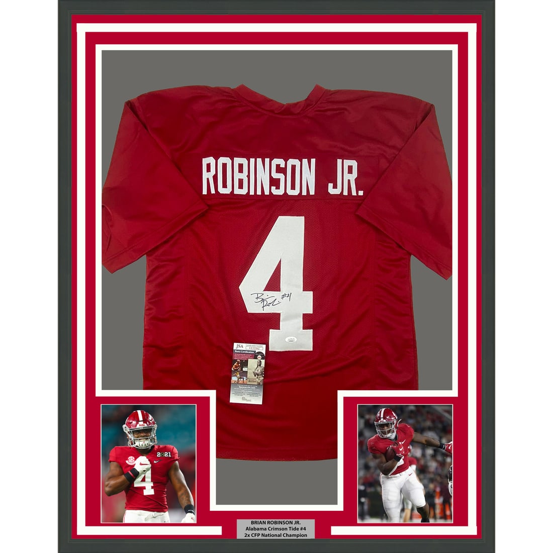 Brian Robinson Jr. framed Alabama red jersey JSA COA 33x42: Brian Robinson Jr. framed Alabama red jersey JSA COA 33x42 This framed Alabama Crimson Tide red jersey is hand-signed by Brian Robinson Jr. and comes with authentication from James Spence Authenticati