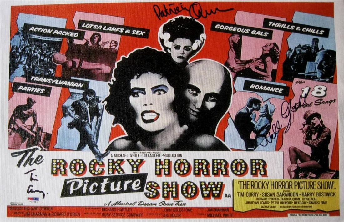 Rocky Horror Signed Canvas by Tim Curry Patricia Quinn Nell Campbell PSA Authenticated: Rocky Horror Signed Canvas by Tim Curry Patricia Quinn Nell Campbell PSA Authenticated This original 11x17 canvas photograph features authentic signatures from Patricia Quinn, Tim Curry, and Nell Camp