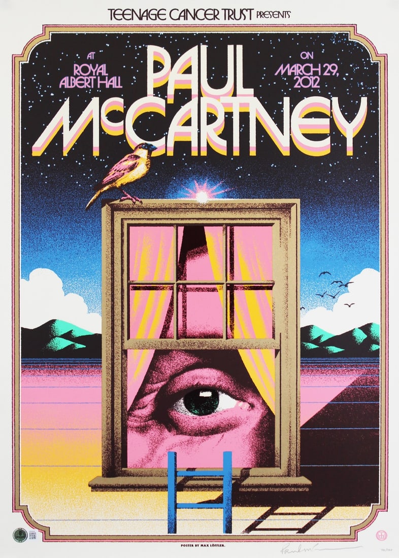Paul McCartney autographed Teenage Cancer Trust lithograph 16.5x23.5 Beckett #70/100: Paul McCartney autographed Teenage Cancer Trust lithograph 16.5x23.5 Beckett #70/100 This limited edition lithograph, measuring 16.5 x 23.5 inches, commemorates the Teenage Cancer Trust Live at Royal 