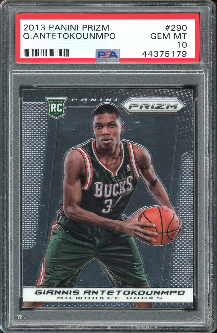 2013 Panini Prizm Giannis Antetokounmpo Rookie Card PSA Gem Mint 10 Graded: 2013 Panini Prizm Giannis Antetokounmpo Rookie Card PSA Gem Mint 10 Graded This is a 2013 Panini Prizm #290 rookie card featuring Giannis Antetokounmpo from the Milwaukee Bucks. The card has been grad