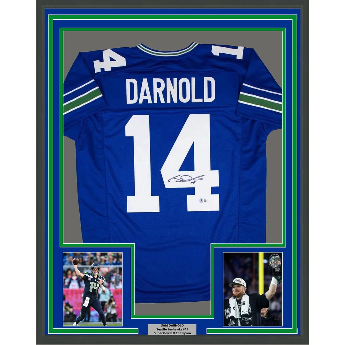 Sam Darnold Signed Framed Seattle Seahawks Blue Jersey 35x39 Beckett BAS COA: Sam Darnold Signed Framed Seattle Seahawks Blue Jersey 35x39 Beckett BAS COA Professionally framed and matted autographed Sam Darnold Seattle blue jersey display with two 5x7 photos. This original sig
