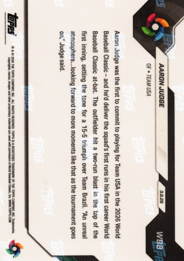 Topps Now WB8 Aaron Judge Team USA Black Foil /10 WBC Card: Topps Now WB8 Aaron Judge Team USA Black Foil /10 WBC Card 2026 Topps Now World Baseball Classic Aaron Judge #WB8 sports trading card featuring the Team USA star in the Black Foil parallel. This is a 