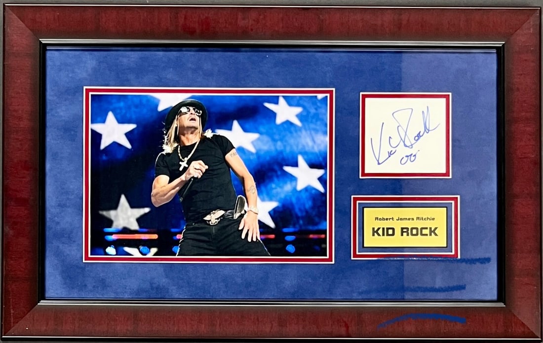 Kid Rock Signed Cut Custom Framed Display ACOA 25 x 15: Kid Rock Signed Cut Custom Framed Display ACOA 25 x 15 This stunning custom framed display features a signed cut by Kid Rock, the American Badass. The index card is beautifully showcased in a high-qua
