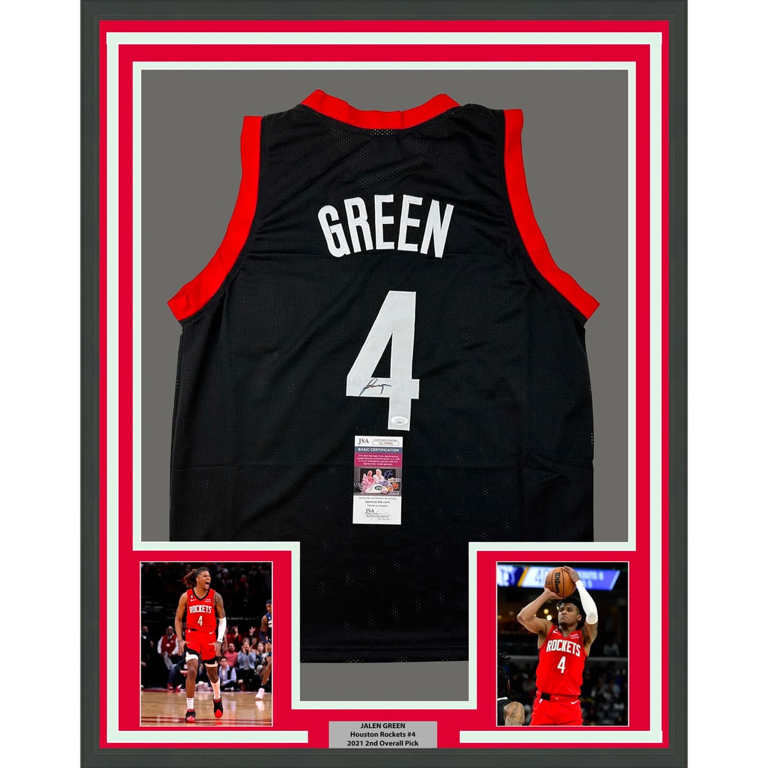 Framed Autographed Jalen Green Houston Rockets Jersey JSA COA: Framed Autographed Jalen Green Houston Rockets Jersey JSA COA This professionally framed and matted collectible features an autographed Jalen Green black jersey, showcasing his #4 Houston Rockets desi