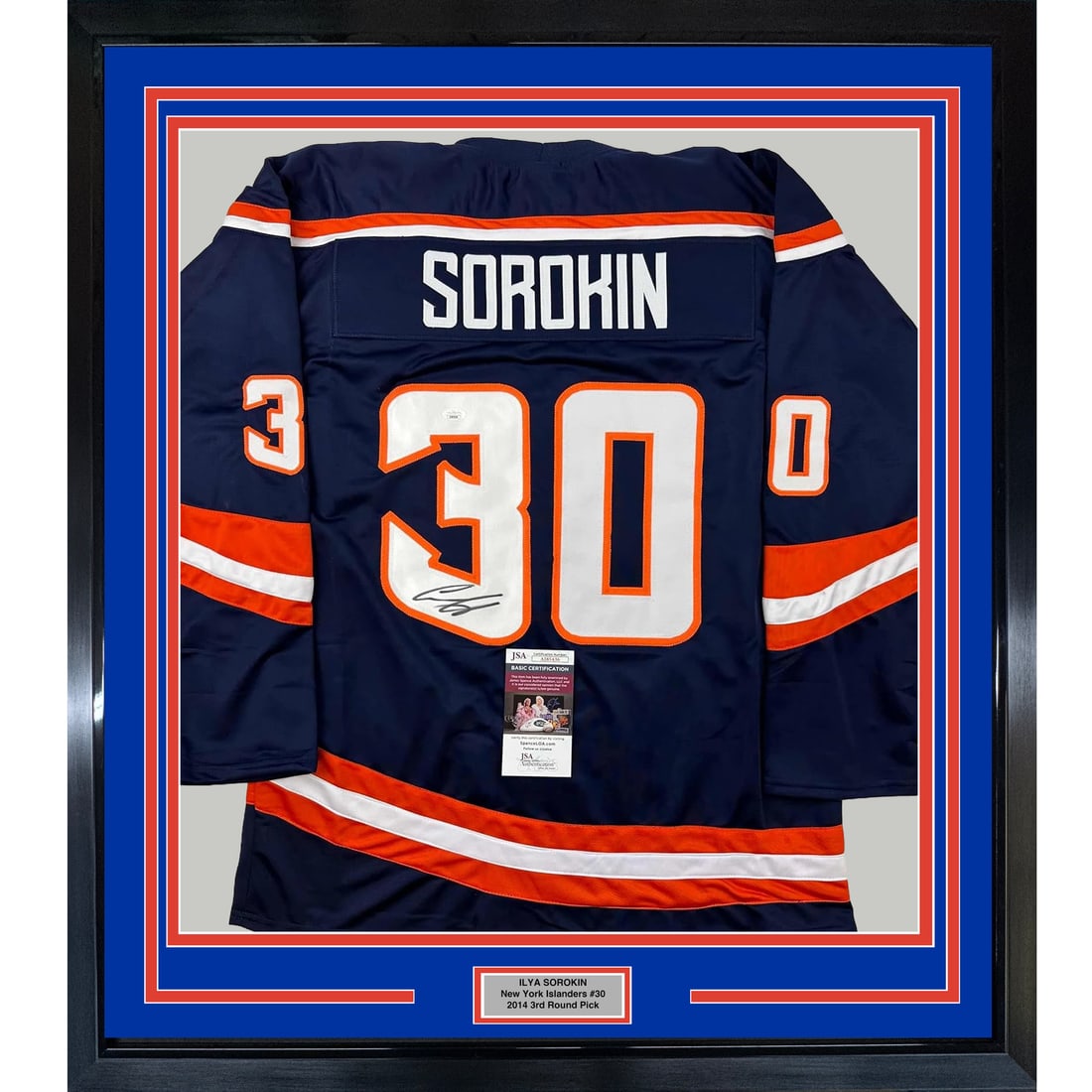 Framed Ilya Sorokin Autographed New York Islanders Retro Jersey JSA COA: Framed Ilya Sorokin Autographed New York Islanders Retro Jersey JSA COA Celebrate your love for the NHL and the New York Islanders with this professionally framed autographed jersey of Ilya Sorokin. T