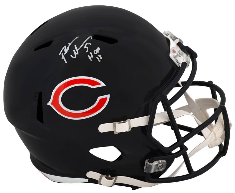 Brian Urlacher Signed Chicago Bears Riddell Full Size Helmet HOF 18 with COA: Brian Urlacher Signed Chicago Bears Riddell Full Size Helmet HOF 18 with COA This is a signed Riddell full-size speed replica helmet of Brian Urlacher, a celebrated player for the Chicago Bears. The h