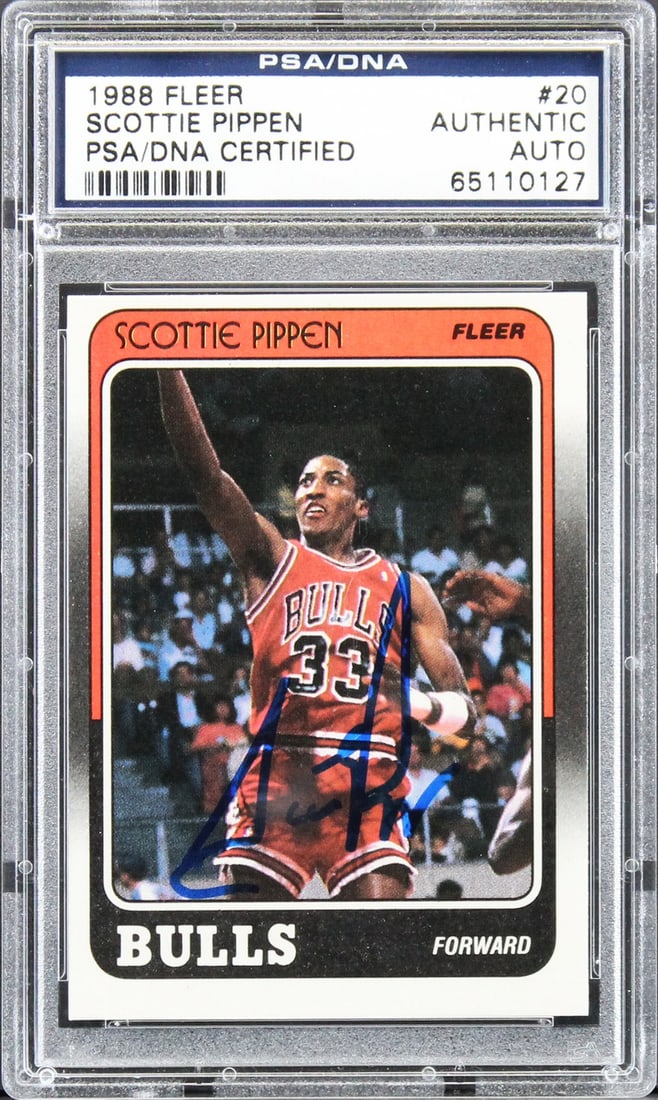 Scottie Pippen Signed 1988 Fleer Rookie Card PSA/DNA Authentic Chicago Bulls: Scottie Pippen Signed 1988 Fleer Rookie Card PSA/DNA Authentic Chicago Bulls This authentic 1988 Fleer #20 rookie card is personally signed by Scottie Pippen, the legendary player of the Chicago Bulls