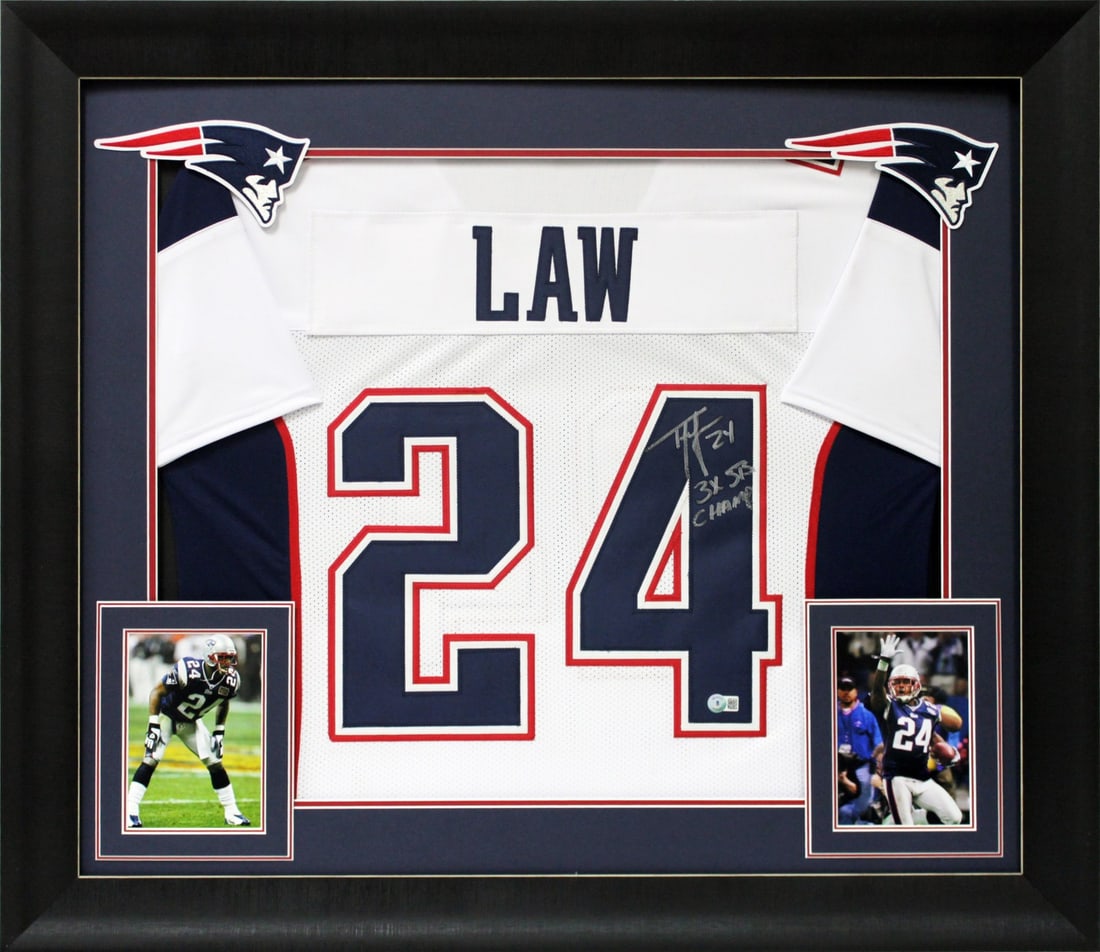 Ty Law Signed New England Patriots Framed Jersey 3x SB Champ BAS Witness: Ty Law Signed New England Patriots Framed Jersey 3x SB Champ BAS Witness This authentic, signed white pro style framed jersey commemorates Ty Law's remarkable achievement as a three-time Super Bowl Ch