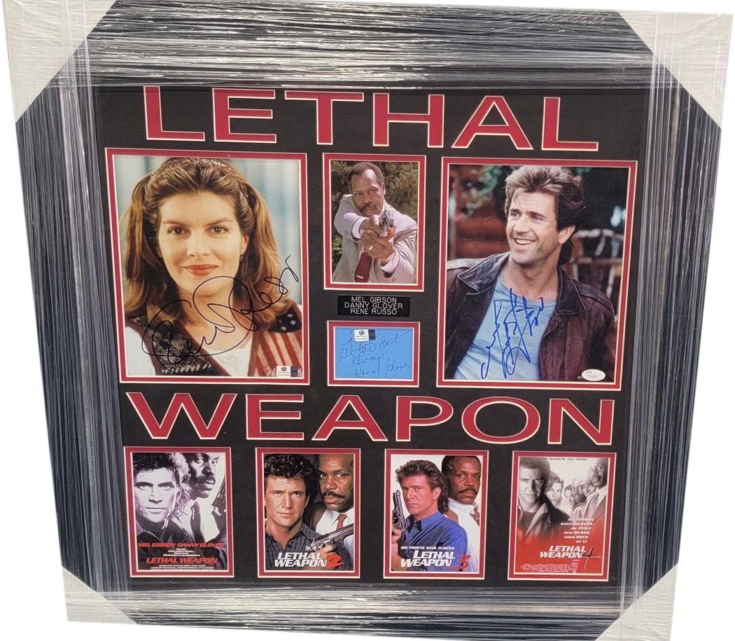 Framed Lethal Weapon Photo Signed by Gibson Glover Russo GAI Authenticated: Framed Lethal Weapon Photo Signed by Gibson Glover Russo GAI Authenticated This is a custom framed photograph and autograph cut display featuring signatures from Mel Gibson, Danny Glover, and Rene Rus